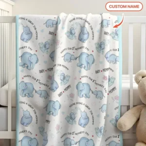 Custom Name Mother & Baby Elephant Bamboo Blanket