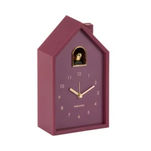 Karlsson Kuckucksuhr-Wecker in Dunkelmauve mit Goldvogel und Ziffernblatt