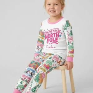 Welcome to North Pole Custom Name Bamboo Two Piece Long Sleeve Pajama Set