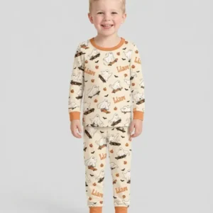 Skateboarding Ghost Halloween Bamboo Two Piece Long Sleeve Pajama Set