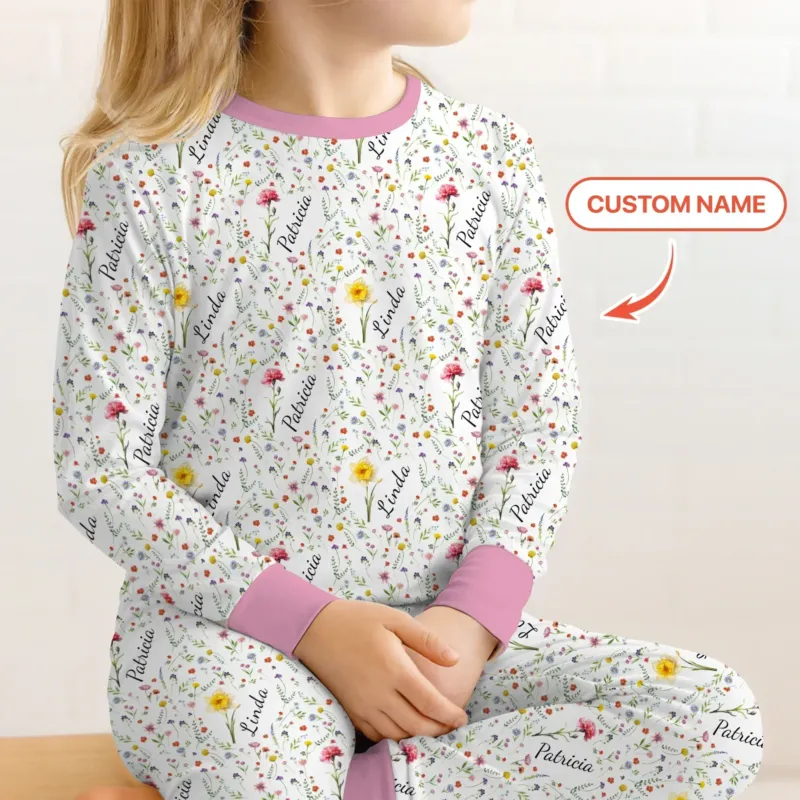 Birth Flower Custom Name Family Daughter Sister Bamboo Two Piece Long Sleeve Pajama Set