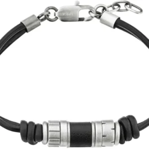Lederarmband mit schwarzen Bead-Scheiben und Metall-Elementen, Verschluss mit Kette