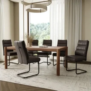 Advik and Brodi 7-piece dining set with walnut finish mango wood table and charcoal faux leather chairs