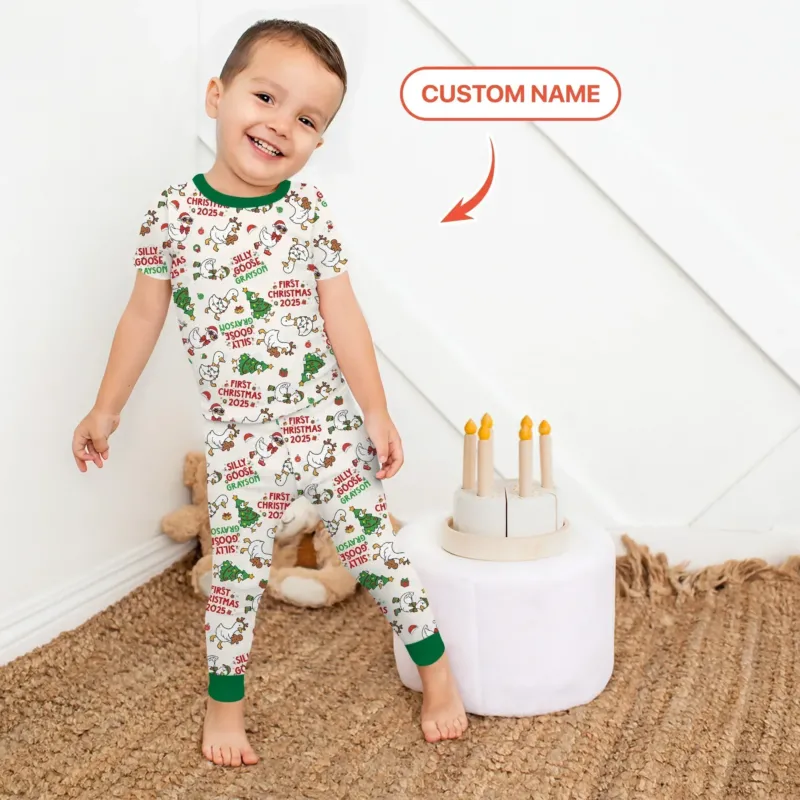 Custom Name "Silly Goose" Two Piece Short Sleeve Pajama Set (Green) , Custom Name "Silly Goose" Two Piece Short Sleeve Pajama Set (Green) - 12-18M