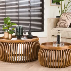 Couchtisch Khamar - 2er Set aus Mangoholz mit bauchigem Sockel