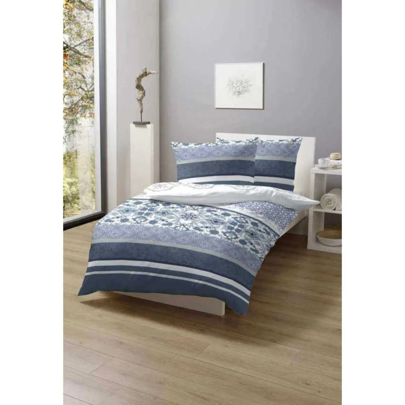 Hahn Satin Bettwäsche Blau Grau Blumen 135x200 cm + 80x80 cm