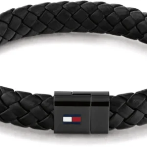 Schwarzes geflochtenes Lederarmband mit Tommy Hilfiger Logo-Schnalle