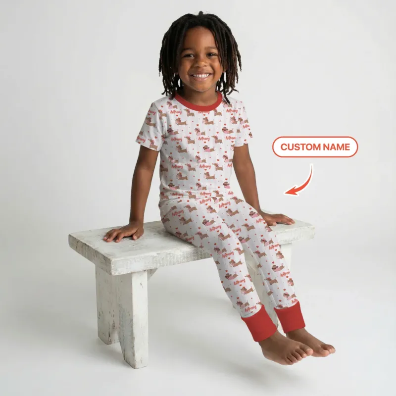 Custom Name Valentine Dachshund Family Matching Bamboo Two Piece Short Sleeve Pajama Set