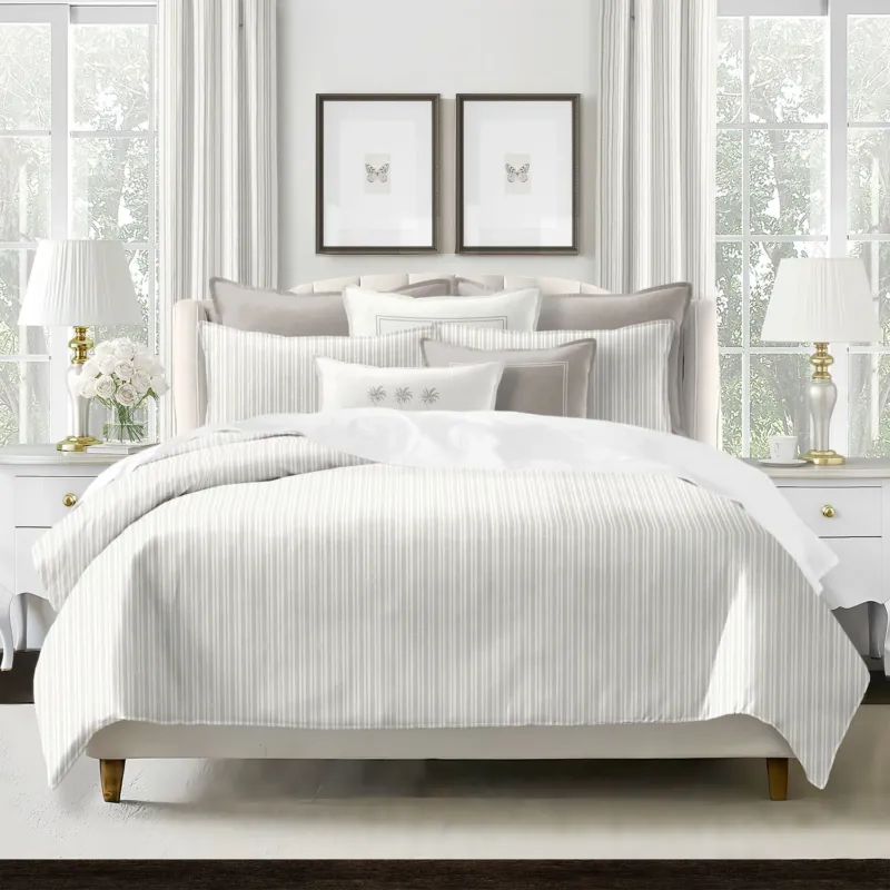 Pacific Stripe COVERLET set on bed with modern broken stripe pattern - Made in Canada cotton twill bedding