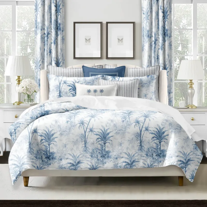 Palmora tropical palm print COVERLET set on bed - Made in Canada cotton twill bedding with botanical design