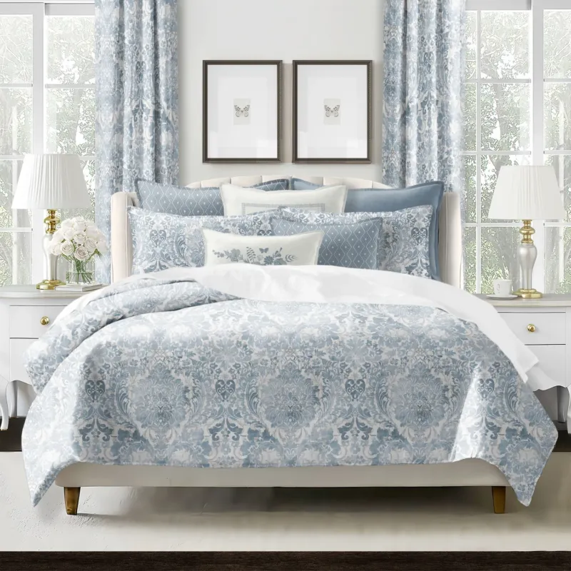Savannah COVERLET set with distressed damask pattern on cotton slub, handcrafted in Canada