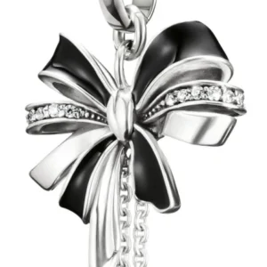 Schleifen-Charm mit schwarzem Emaille, Glitzerbesatz und Kettenanhänger in Silberoptik