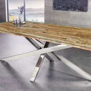 BARRACUDA Massivholz Esstisch 220cm braun Teakholz silber Edelstahl verchromt Glasplatte