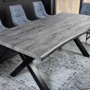 Industrial Esstisch WILD 180cm grau gekälkt Wildeiche-Design Baumkante schwarz X-Gestell