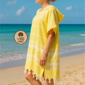 HELDENA Poncho Bademantel Gelb aus 100% Baumwolle Peshtemal für Bad und Strand