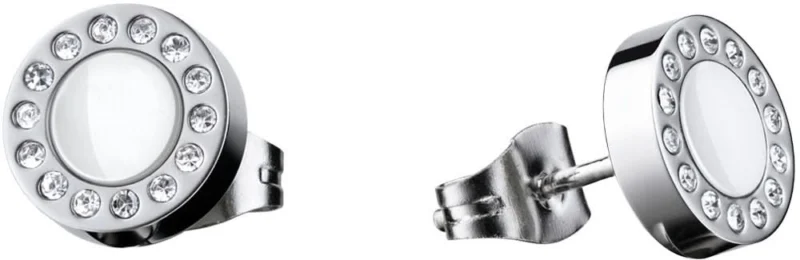 Silberfarbene runde Ohrstecker mit glitzerndem Kristallrand und hellem Mittelteil