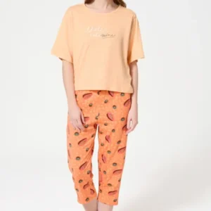 Pyjama Femme Dolce vitamines Manches courtes Imprimé papayes et kiwis oranges et verts 1