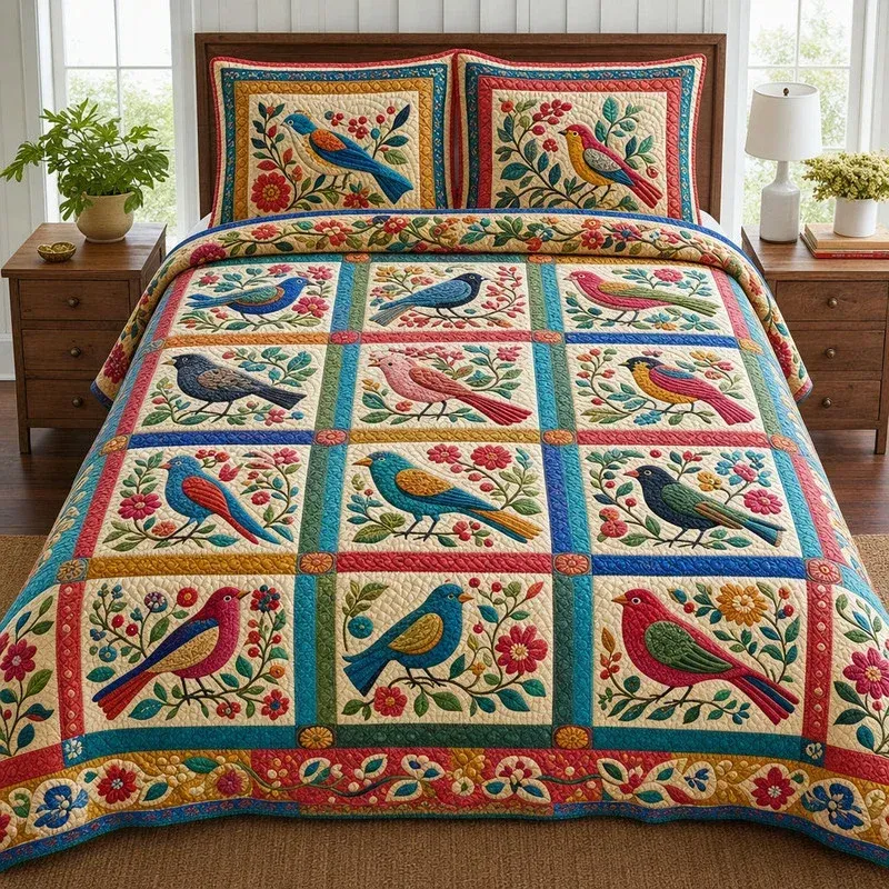 Avian Mosaic Bamboo Quilt Bedding Set