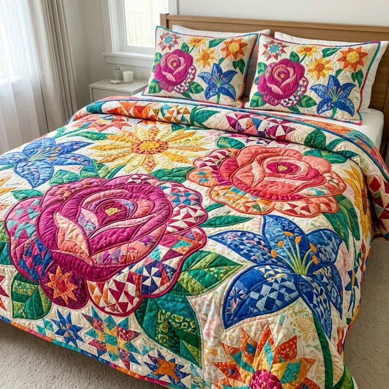 Beautiful Rosette Bamboo Quilt Bedding Set