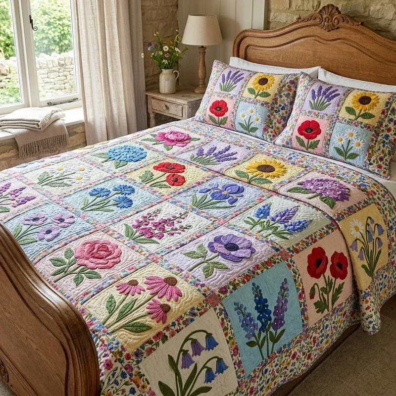 Botanical Patchwork Bamboo Quilt Bedding Set