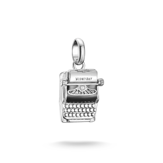Silberner Thomas Sabo Charm-Anhänger mit Schreibmaschine und Zirkonia, 'WEDNESDAY'.