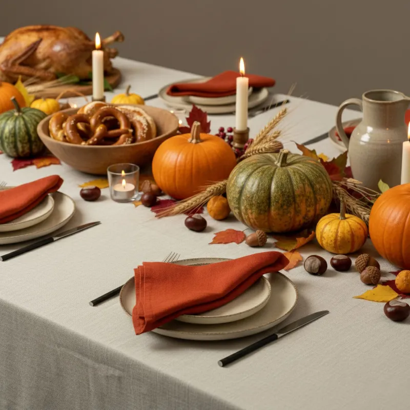 Autumn dinner table featuring beige linen tablecloth, cinnamon red linen napkins, pumpkins, fall leaves, and seasonal harvest decorations.