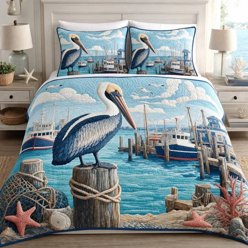 Coastal Pier Pelican Bamboo Quilt Bedding Set