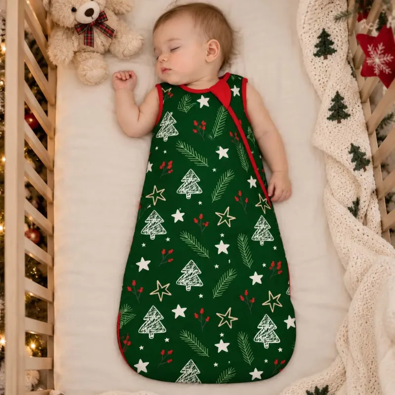 Dark Green Christmas Tree Doodles Bamboo Sleep Bag