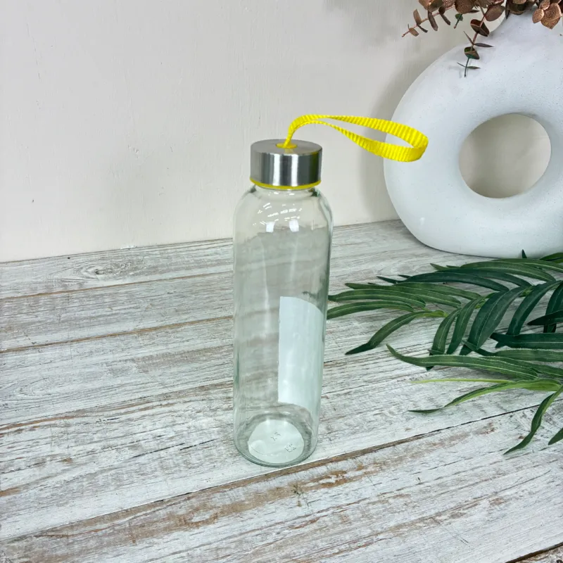 Trinkflasche 500ml Glas Transparent Gelbes Band Metalldeckel Wasserflasche