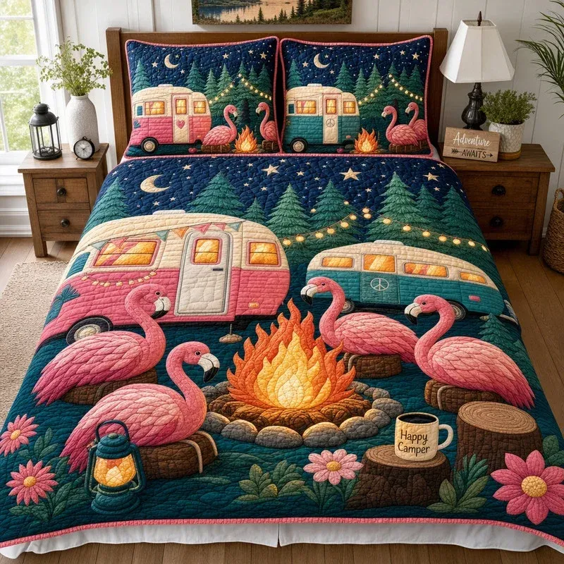 Flamingo Fireglow Bamboo Quilt Bedding Set