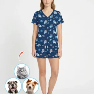 Astronaut Custom Pet Image Family Matching Bamboo Women Short Sleeve Short Pajama Set