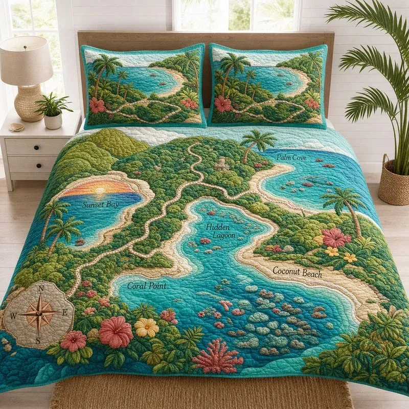 Island Map Tropical Bamboo Quilt Bedding Set