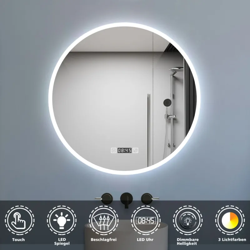 Badspiegel Badezimmerspiegel Rund Spiegel mit LED Beleuchtung F 60 cm