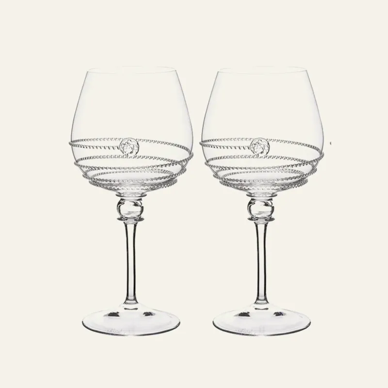 Juliska Amalia clear crystal light body red wine glasses with etched spiral detail, set of two.