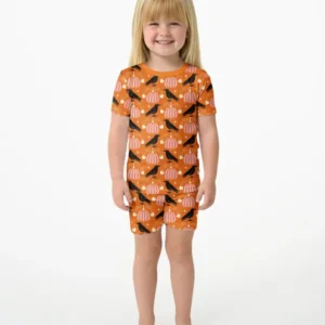 Ravens in a Pumpkin Patch - Orange Pink Bamboo Two Piece Short Sleeve Shorts Pajama Set