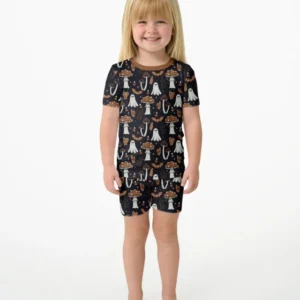 Retro Halloween Whimsy Bamboo Two Piece Short Sleeve Shorts Pajama Set