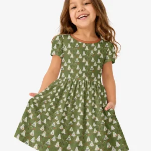 Cute Ghost Halloween Moss Green Floral Bamboo Twirl Dress