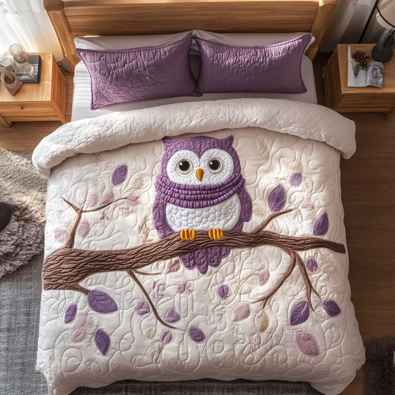 Purple Woodland Owl Bamboo Quilt Bedding Set