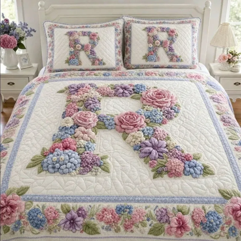 Monogram Letter R Bamboo Quilt Bedding Set