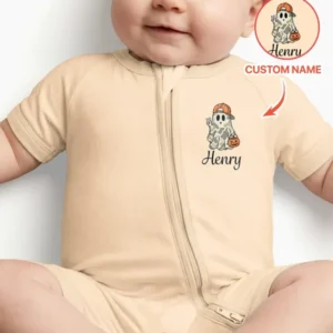 Personalized Baby Boy Halloween Ghost Bamboo Shorty Zippy