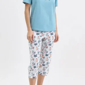 Pyjama Femme Tahiti Imprimé danseuses hawaiiennes et palmiers 1