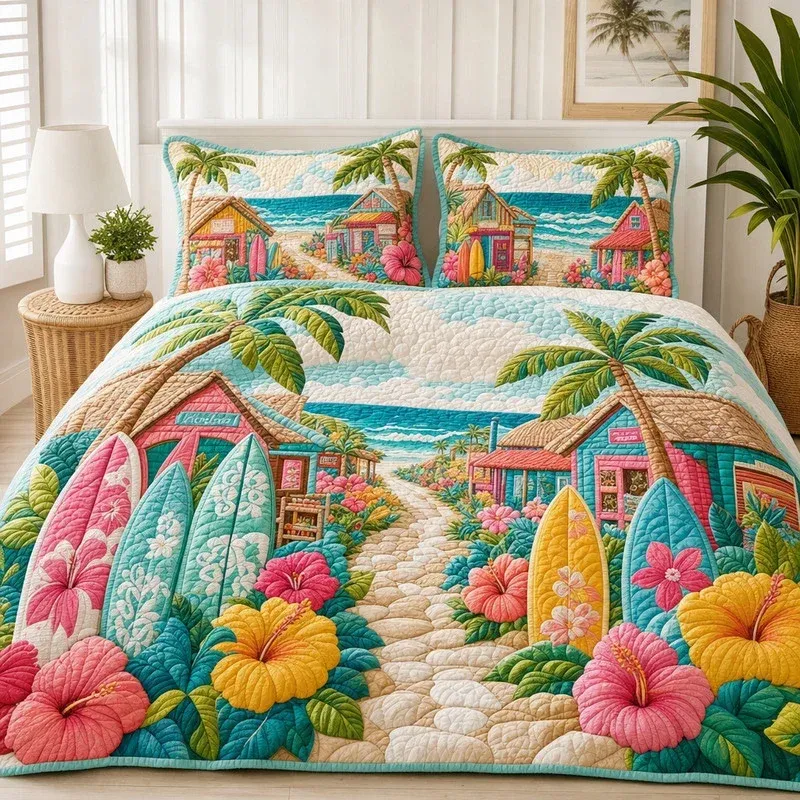 Surf Beach Tropical Bamboo Quilt Bedding Set
