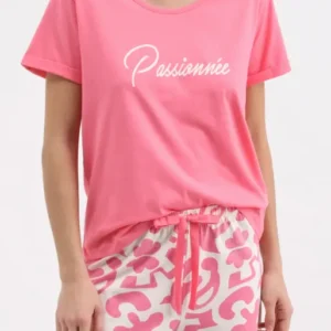 Pyjama Femme Passionnée Imprimé feuillage rose et blanc 1