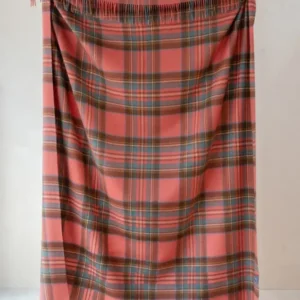 TBCo Lambswool Blanket in Stewart Royal Antique Tartan with fringed edges displayed flat against white background