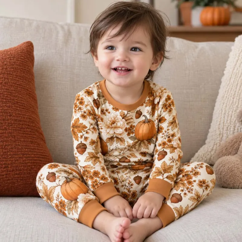 Vintage Pumpkins Acorns Bamboo Two Piece Long Sleeve Pajama Set
