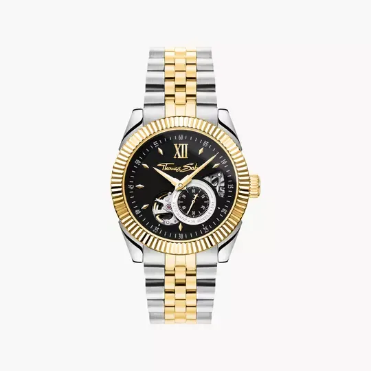 Zweifarbige Herrenarmbanduhr: goldene Lünette, schwarzes Zifferblatt, Edelstahlband