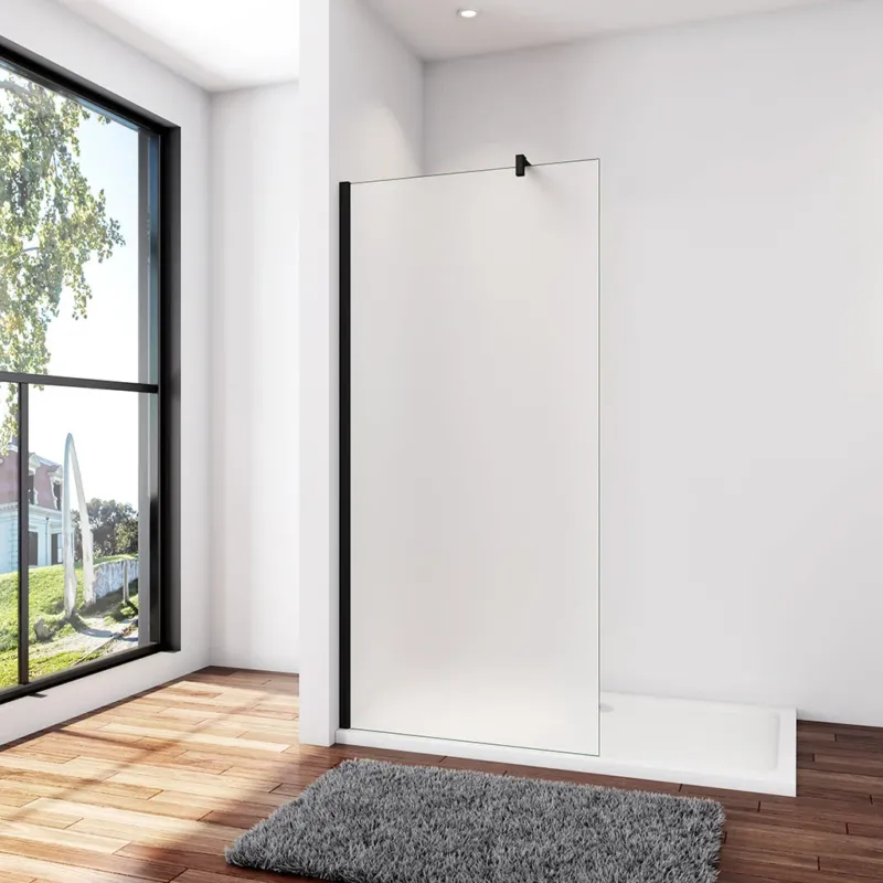 Walk In Dusche Duschwand 100 x H.200 cm 10mm Glas mit Glasschutzfolie Schwarz Stabistange 140 cm Duschhaus