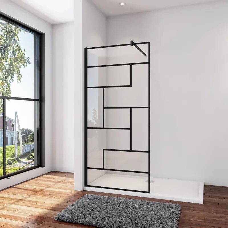 Duschkabine Duschwand 100 x 200 cm 8mm NANO Glas Stabistange 140 cm Schwarz Duschwänd