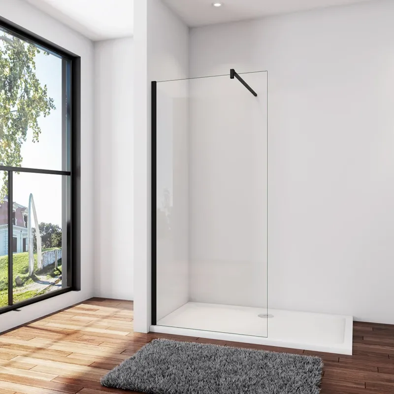 Walk In Duschwand Dusche 60 x H.200 cm 8mm NANO Glas Schwarz Stabistange 140 cm Duschhaus