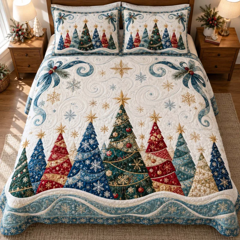 Winter Christmas Tree Forest Bamboo Quilt Bedding Set
